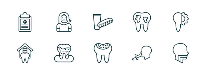 set of 10 linear icons from dentist concept. outline icons such as health report, sick girl, dentures, holed tooth, breath, oral vector