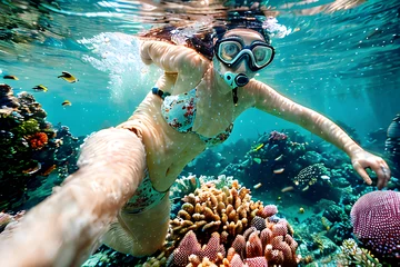 Poster A young woman wearing snorkeling mask swims playfully in the sea as she looks at the camera and invite us to explore an underwater world rife with colorful coral reef and marine life. Generative AI. © Sweeann