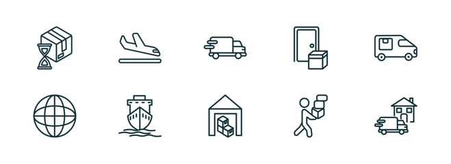 set of 10 linear icons from packing and delivery concept. outline icons such as wait time, arrival, delivery truck, warehouse, delivery man, home vector