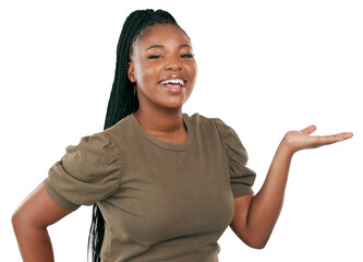 Smile, presentation and offer with portrait of black woman on png for promotion, show and...