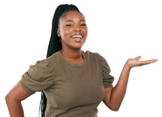 Smile, presentation and offer with portrait of black woman on png for promotion, show and announcement. Happy, news and deal with person isolated on transparent background for option and decision