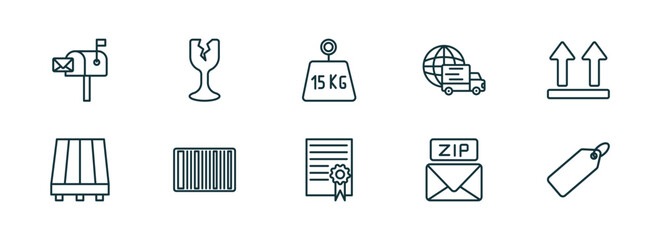 set of 10 linear icons from delivery and logistic concept. outline icons such as postbox, fragile, weight limit, charter, zip code, tag vector - obrazy, fototapety, plakaty