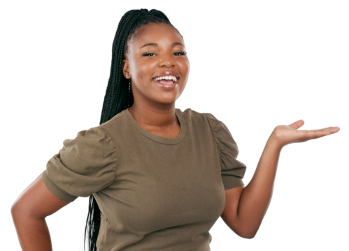 Smile, presentation and offer with portrait of black woman on png for promotion, show and announcement. Happy, news and deal with person isolated on transparent background for option and decision