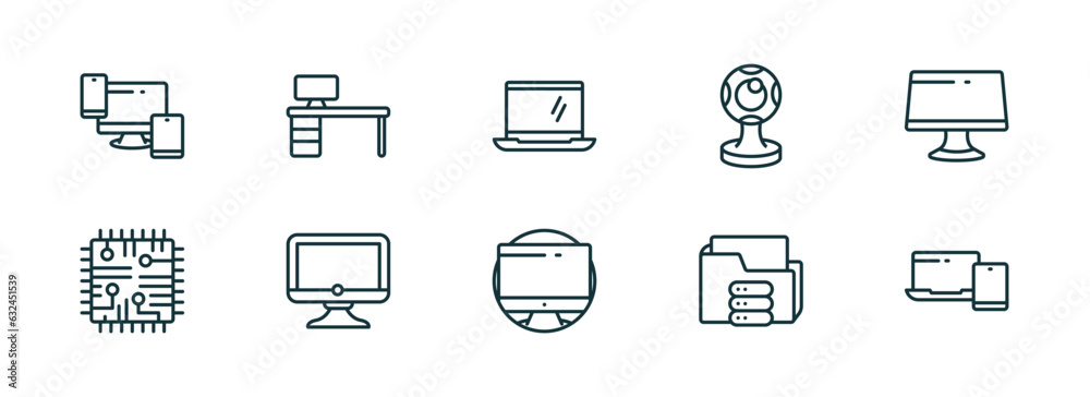 Poster set of 10 linear icons from computer concept. outline icons such as responsive de, boss office, open