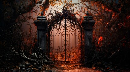 Rusty wrought iron gate surrounded by overgrown vines, creating a macabre atmosphere for Halloween. - obrazy, fototapety, plakaty
