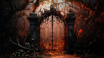 Foto op Plexiglas Rusty wrought iron gate surrounded by overgrown vines, creating a macabre atmosphere for Halloween. © Manyapha
