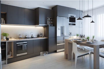 Fototapeta na wymiar Stylish apartment interior with modern kitchen. Idea for home design