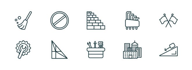 set of 10 linear icons from construction concept. outline icons such as sweeping broom, stopping, birck wall, tool box, , inclined vector