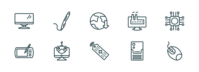 set of 10 linear icons from computer concept. outline icons such as computer monitor, 3d printing pen, download from the net, tv controller, pc tower, mouse device vector