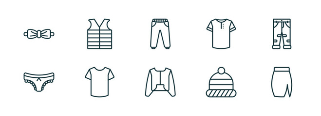 set of 10 linear icons from clothes concept. outline icons such as bow tie, padded vest, sweatpants, nylon jacket, knit hat with pom pom, slit skirt vector