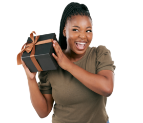 Box, present and excited black woman with a smile and birthday gift with shake guess. Happy, female person and package surprise from celebration and giving isolated on a transparent, png background