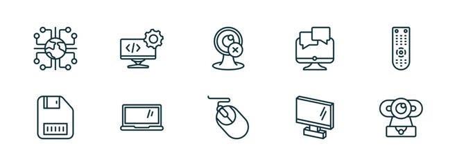 set of 10 linear icons from computer concept. outline icons such as information network, develope, webcam disconnected, computer mouse device, 3d screen, webcamera vector