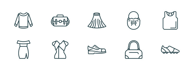 set of 10 linear icons from clothes concept. outline icons such as long sleeves t shirt, messenger bag, tulle skirt, leather shoes, barrel handbag, soccer shoe vector
