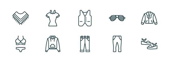 set of 10 linear icons from clothes concept. outline icons such as shawl, lyocell shirt dress, waistcoat, jeans, slim fit pants, platform sandals vector