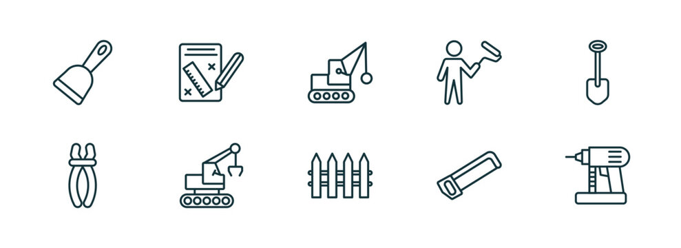set of 10 linear icons from construction concept. outline icons such as scraper, measures plan, demolition, garden fence, hacksaw, nail gun vector