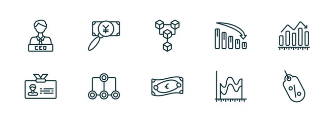 set of 10 linear icons from business concept. outline icons such as chief executive officer, yen business search, connection box chart, euro bills, smooth line chart, sale tag vector