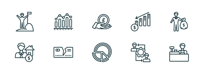 set of 10 linear icons from business concept. outline icons such as success man, measure success, pound coin on hands, pie chart file, rearrange, supermarket cashier vector