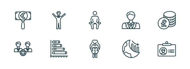 set of 10 linear icons from business concept. outline icons such as euro under magnifier, man success, sitting, woman holding big coin, globe analytics, color business card vector