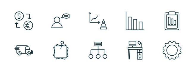 set of 10 linear icons from business concept. outline icons such as currency exchange, man talking, graphs, structure, work table, tool button vector