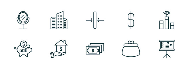 set of 10 linear icons from business concept. outline icons such as hair salon, corporation, thin, dollar bills, coin purse, graphic panel vector
