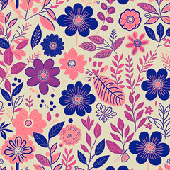 Floral decorative abstract background with blue pink flowers in scandinavian style