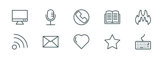 set of 10 linear icons from blogger and influencer concept. outline icons such as monitor, microphone, phone, hipster, star, keyboard vector