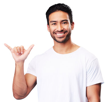 Shaka, sign language and portrait of man with smile, kindness and isolated in a transparent or png background. Young student or happy person with icon, emoji and hand sign as greeting or surfs up