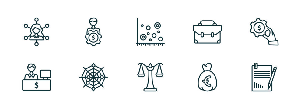 set of 10 linear icons from business concept. outline icons such as multitasking woman, man with money gears, scatter chart, scale in balance, euro money bag, profit report vector
