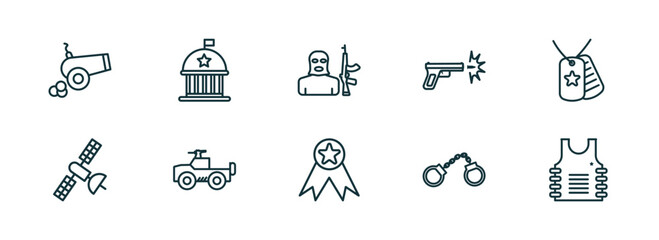 set of 10 linear icons from army and war concept. outline icons such as artillery, federal agency, terrorist, medal, pair of handcuffs, bulletproof vector