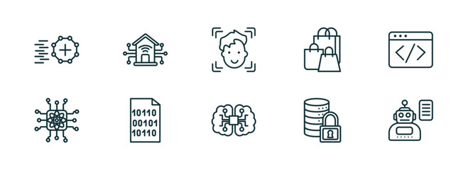 set of 10 linear icons from artificial intellegence concept. outline icons such as match moving, smart home, face recognition, ai brain, secure data, laws of robotics vector