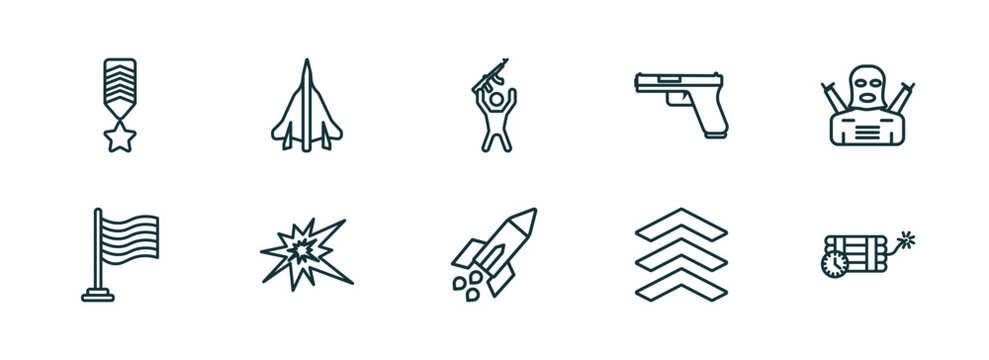 set of 10 linear icons from army and war concept. outline icons such as militar in, fighter plane, rebellion, missile, chevrons, time bomb with clock vector