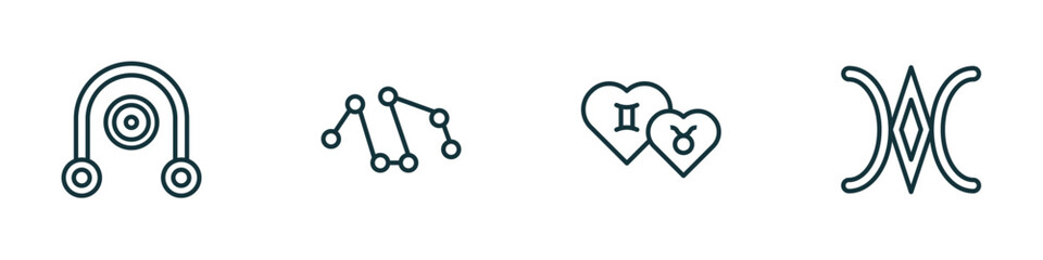 set of 4 linear icons from zodiac concept. outline icons included coagulation, projection, friendship, still vector