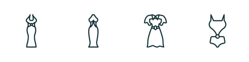 set of 4 linear icons from woman clothing concept. outline icons included long dress, long black gown, lace dress with belt, female swimsuit vector