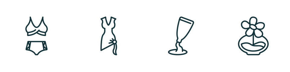 set of 4 linear icons from woman clothing concept. outline icons included swimsuit feminine, bow black, creme container black, stylish perfume bottle vector