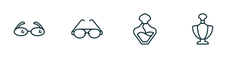 set of 4 linear icons from woman clothing concept. outline icons included reading eyeglasses, round eyeglasses, perfume, perfume bottle vector