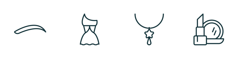set of 4 linear icons from woman clothing concept. outline icons included eyebrow, female sexy dress, star pendant, makeup vector