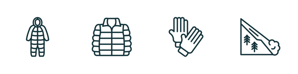 set of 4 linear icons from winter concept. outline icons included snowsuit, anorak vest, winter clothes, avalanche vector