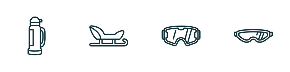 set of 4 linear icons from winter concept. outline icons included themos flask, sledge, snow goggle, safety glasses vector