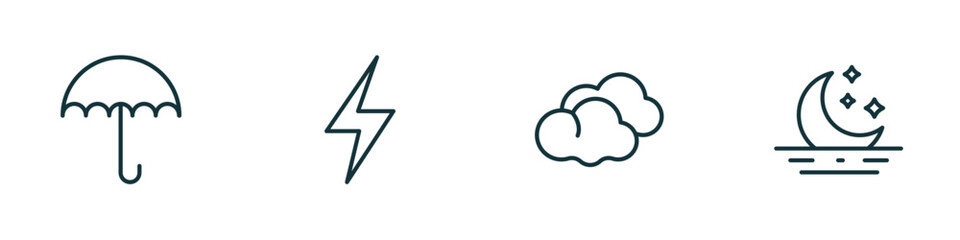set of 4 linear icons from weather concept. outline icons included umbrella, light bolt, cumulus, moonrise vector