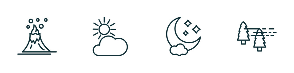 set of 4 linear icons from weather concept. outline icons included volcano, clouds and sun, night, patchy fog vector
