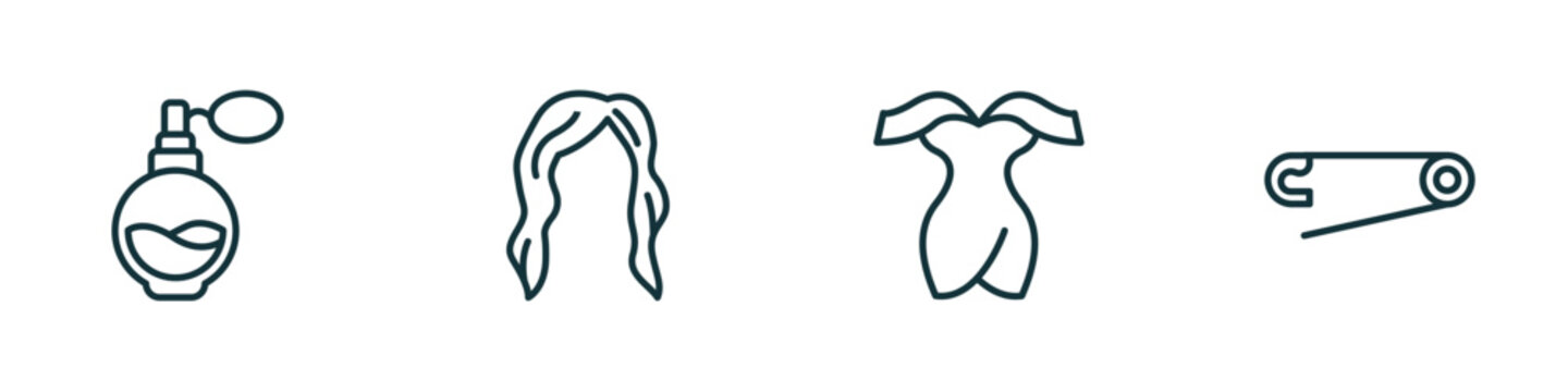 set of 4 linear icons from woman clothing concept. outline icons included parfum bottle, hair wig with side, sexy female dress, perdible pin vector
