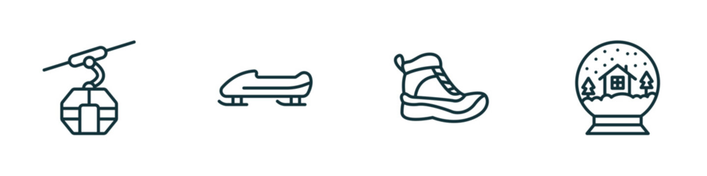 set of 4 linear icons from winter concept. outline icons included cable car cabin, bobsled, snow boot, snow globe vector