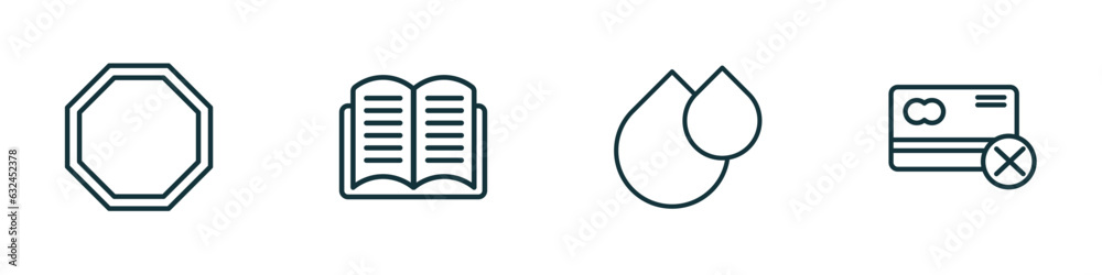 Poster set of 4 linear icons from user interface concept. outline icons included eighties, book opened at c