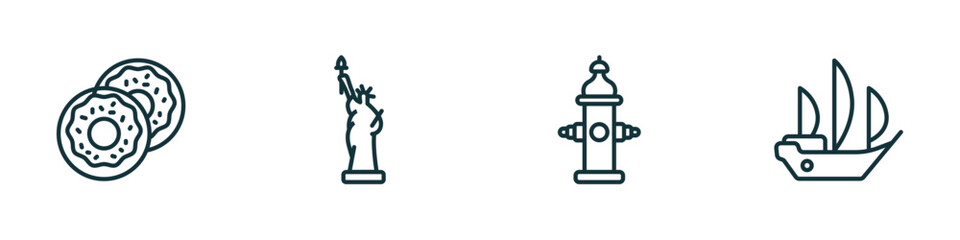 set of 4 linear icons from united states of america concept. outline icons included donut, statue of liberty, fire hydrant, columbus day vector