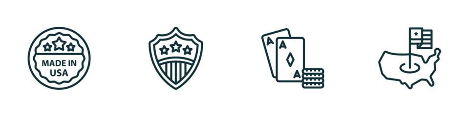 set of 4 linear icons from united states of america concept. outline icons included made in usa, usa shield, casino, united states vector