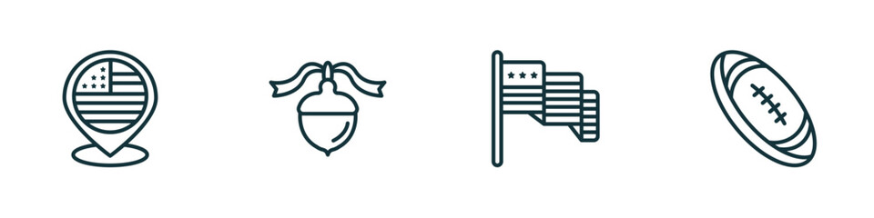 set of 4 linear icons from united states of america concept. outline icons included usa, thanksgiving ornament, america, rugby vector
