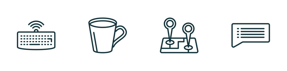 set of 4 linear icons from ultimate glyphicons concept. outline icons included wireless keyboard, big cup, map locator, writing message vector