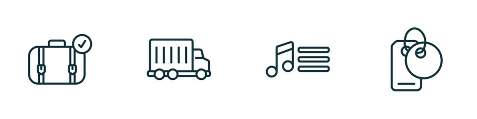 set of 4 linear icons from ultimate glyphicons concept. outline icons included suitcase with check, big cargo truck, music menu, clothes label vector