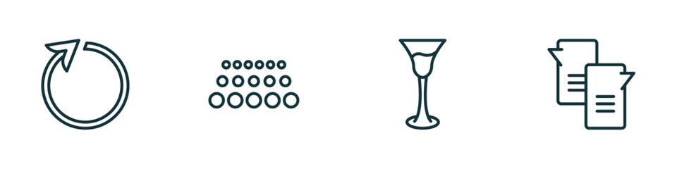 set of 4 linear icons from ultimate glyphicons concept. outline icons included reload arrow, big and small dots, cocktail glass, message ballon vector