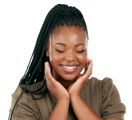 Black woman, happy face and skin glow with casual style, fashion and confidence. Cute, female person smile and calm African model with pride from Nigeria isolated on transparent, png background
